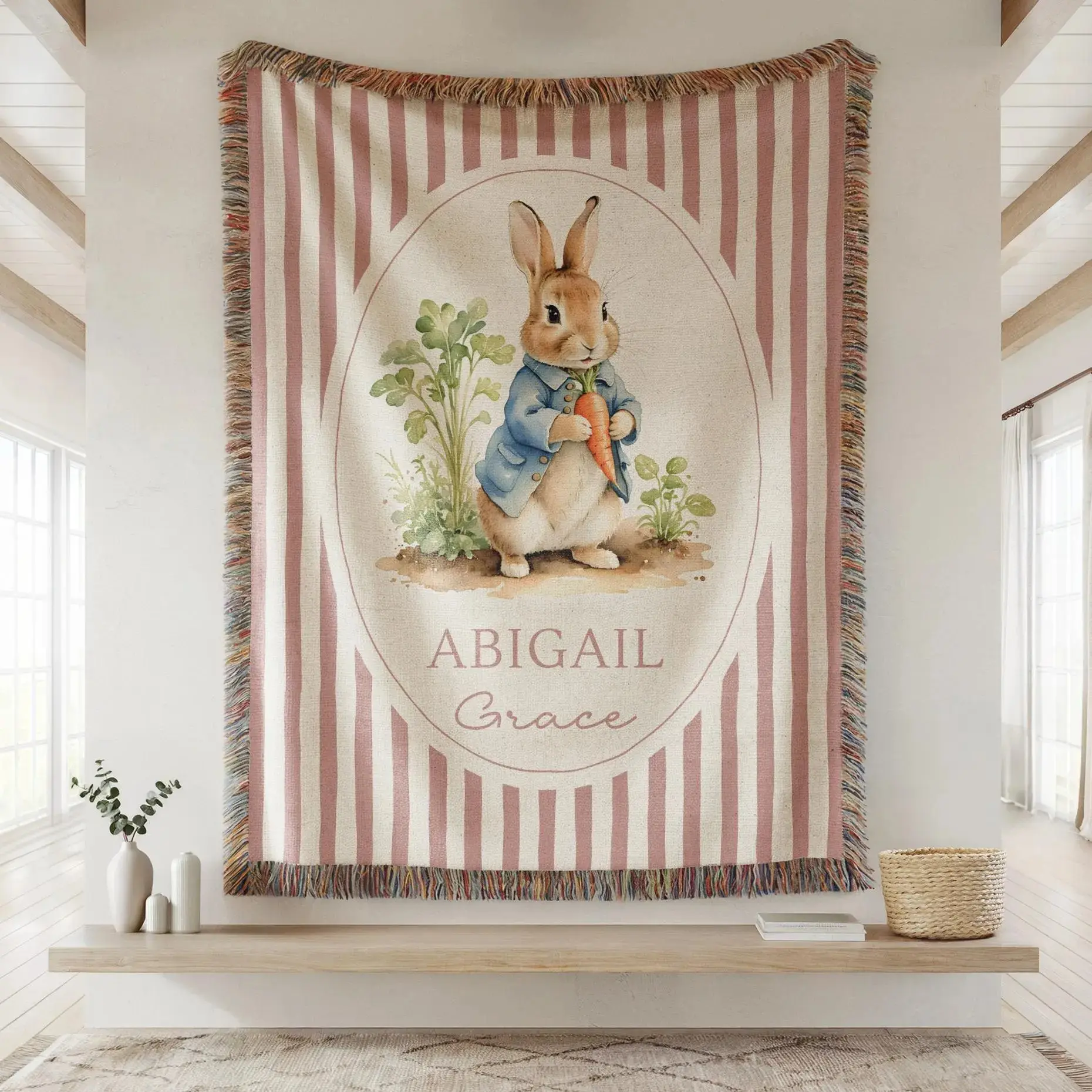 Personalized Peter Rabbit Inspired Woven Blanket Custom Baby Name Blanket Vintage Bunny Nursery Decor Baby Shower Gift Peter the Rabbit Gift