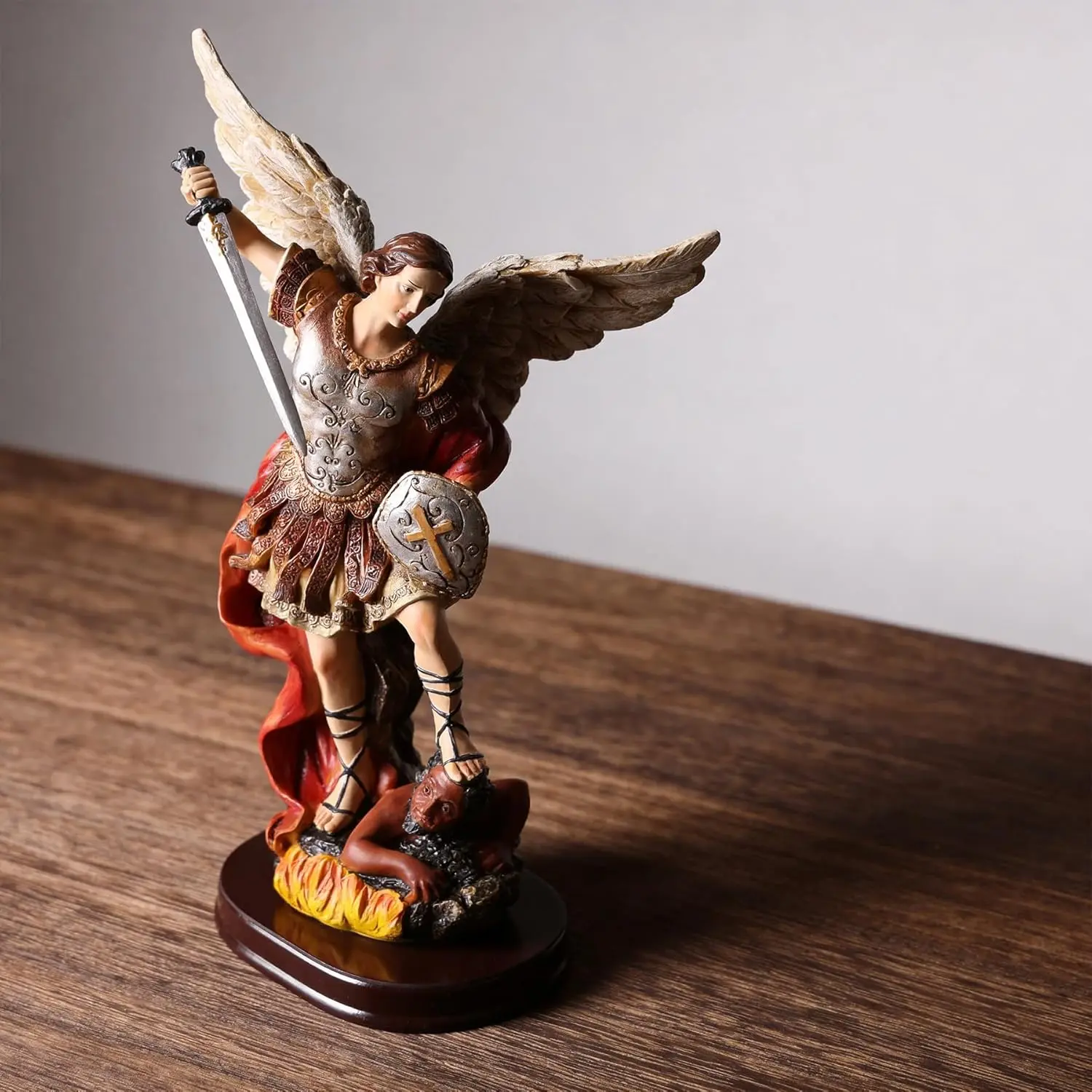11.22" St. Michael Archangel Sculpture - Guardian of Protection Defeating Evil with Wooden Base, Religious Home Decor, Religious Gift Item, Decoration