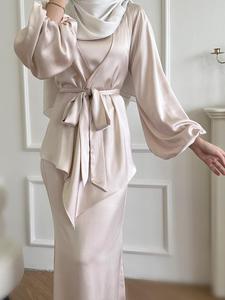 two-piece set women's plain lantern sleeve asymmetrical hem belted abaya & tank dress islamic set, modesty casual two piece muslim outfits for daily outdoor wear, ladies clothes for all seasons, two piece sets, outfit sets women, summer tunic