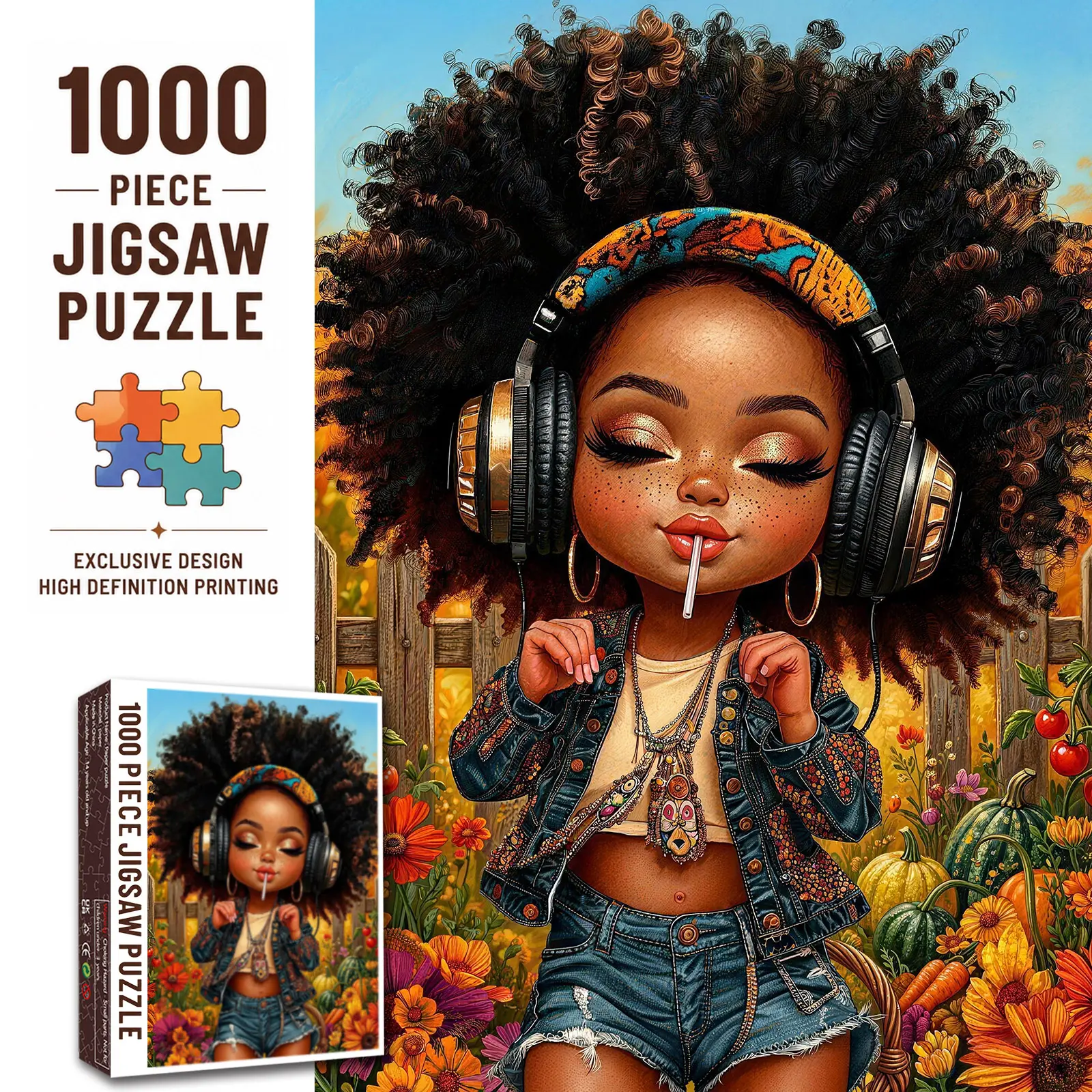 【Back to School】Walarky Afro Music Girl 1000 Pieces Jigsaw Puzzle for Adults, Cute Headphone Fashion Portrait Puzzle, Relaxing Brain Challenge Family Game, Gift for Music Lovers Seniors, Wall Decor 27.5x20inch(70x50cm)