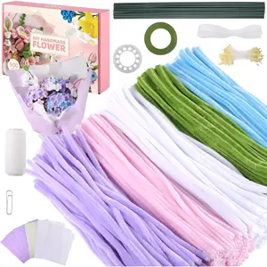 500 count  Pipe Cleaners Craft, Chenille Stems Pipe Cleaner Flower Kit with Floral Wires, Gardening Tape,Stamen& Ribbon, Wrapping Paper  Craft Projects (5 Colors)