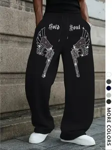 Y2K Gothic Streetwear Loose Fit Sweatpants, Rhinestone Gun Wing Print, Ultra Wide Leg Joggers, Unisex Hip Hop Casual Pants, Athleisure Pants