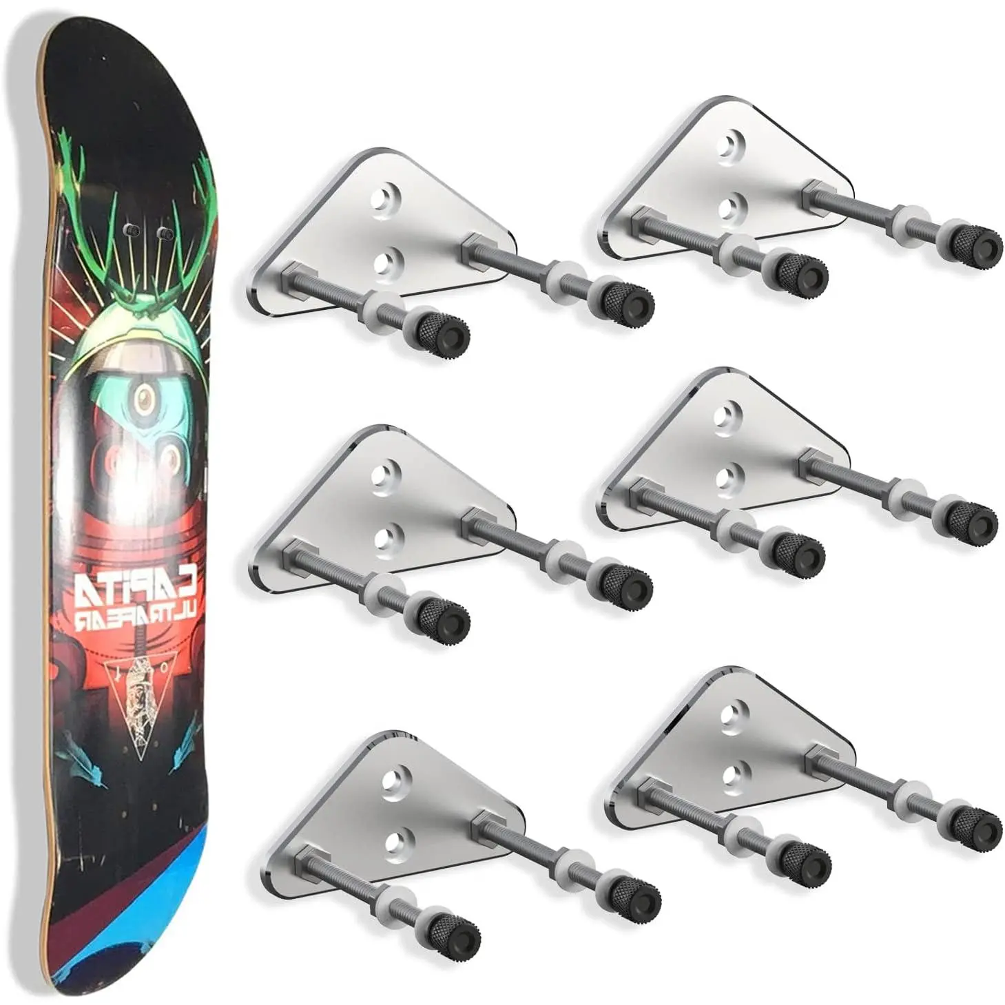 6 Packs Skateboard Wall Mount Aluminum Skateboard Hanger with Two Screw Holes for Display Skateboard Deck Storage Horizontal and Floats Vertically - Silver