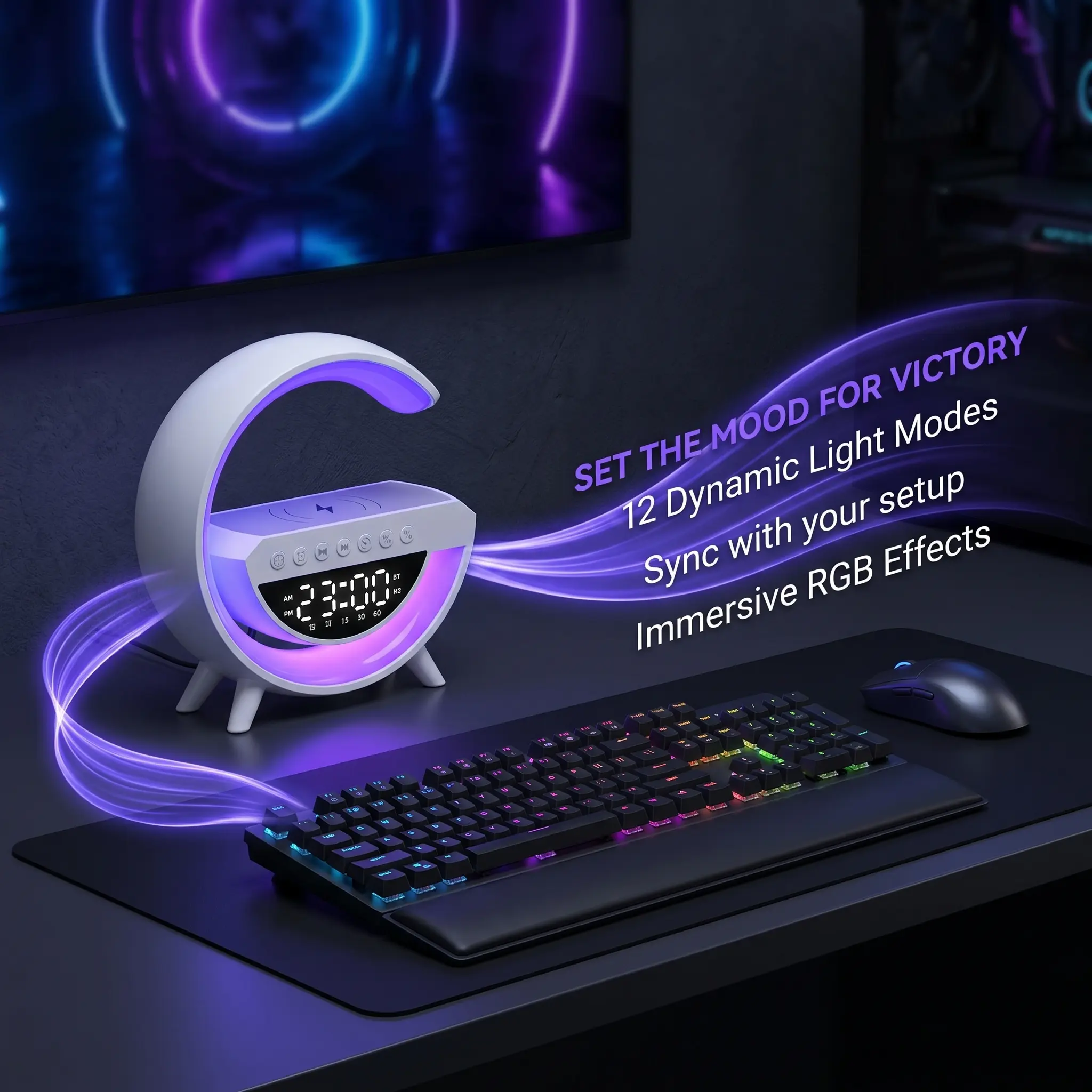 RGB Color Changing Ambient Night Light Car Accessories - Wireless Charging Digital Alarm Clock, 12 Dynamic Light Modes Decorative Table Lamp for Bedroom Desktop