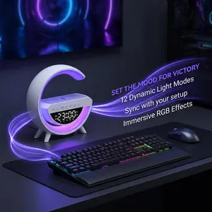 RGB Color Changing Ambient Night Light with Wireless Charging Digital Alarm Clock, 12 Dynamic Light Modes Decorative Table Lamp for Bedroom Desktop Home Decor