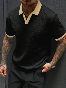 Men's Khaki Contrast Binding Short Sleeve Polo Shirt for Business Commuting Regular Fit Knitted Fabric Summer Wear