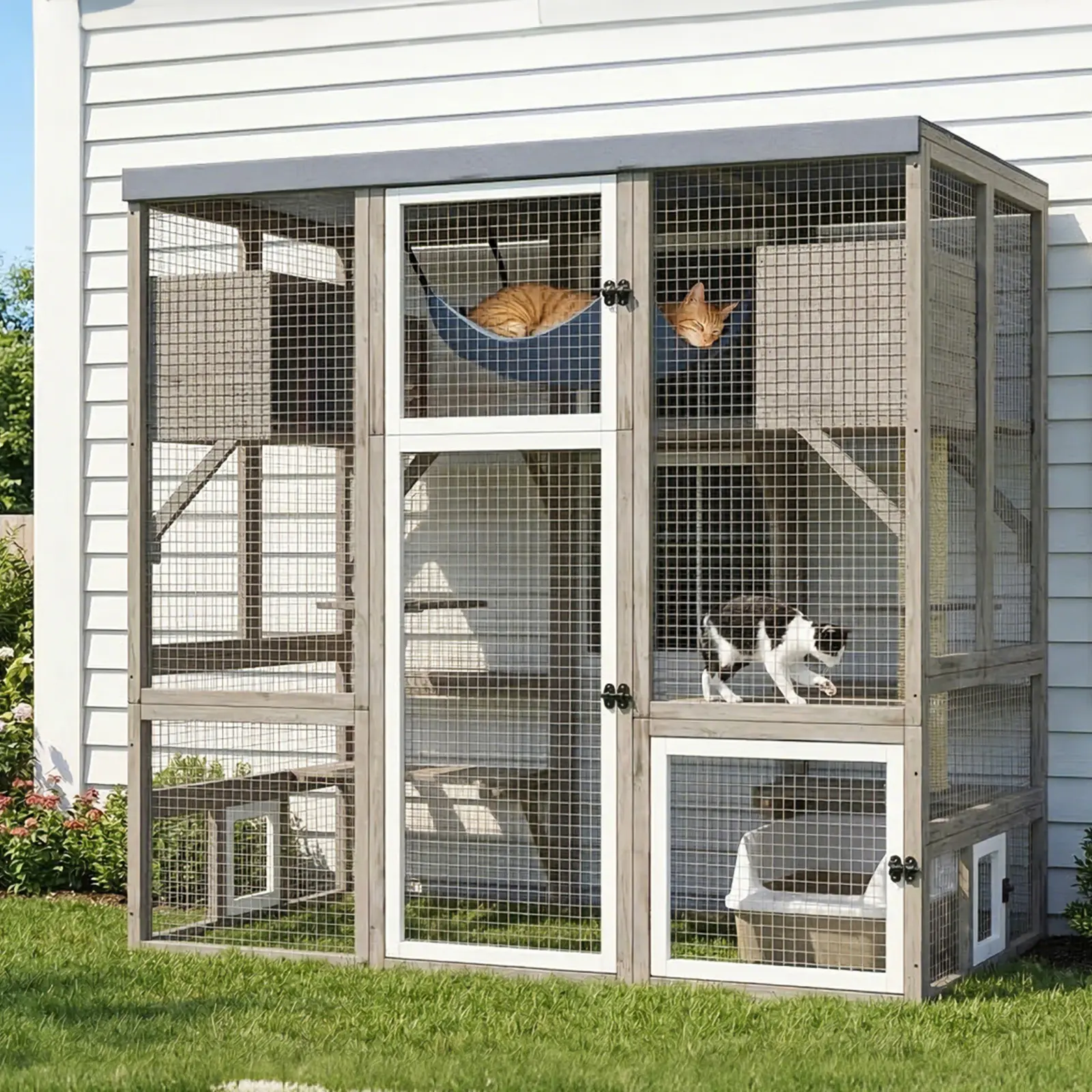 Petscosset Big Modular Wooden Catio, Cat Hammock & Napping Houses, Sisal Cat Trees, Weatherproof Roof, Cat Tunnel & Window Connect Design, Spacious 14.52 sq ft, Indoor & Outdoor Cat Enclosure