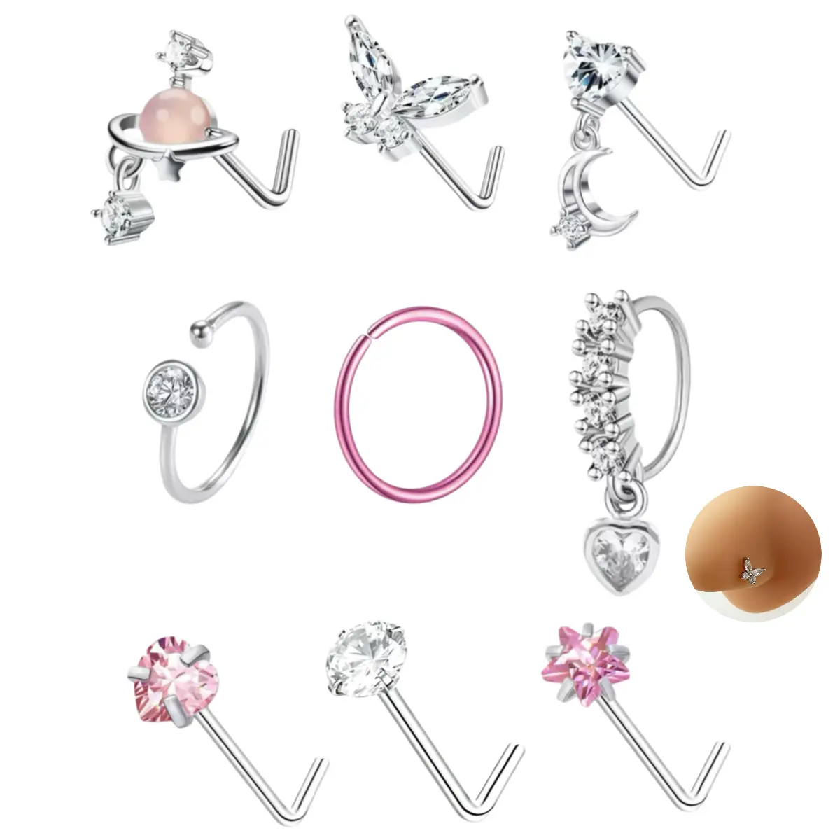 9pcs 20G Stainless Steel Nose Piercings Set, With Planet, Butterfly, Heart, Star Nose Hoop Piercings, Hypoallergenic Nose Rings Set, Nose Clickers Set