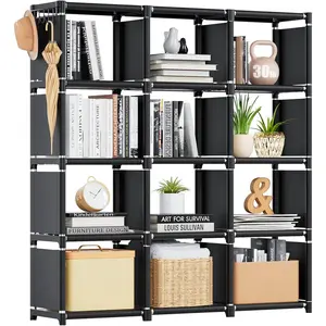 Metal 12-Cube DIY Storage Organizer Bookcase, Tall Black Cubicle Rack with Metal Build for Bedroom, Living Room, Office