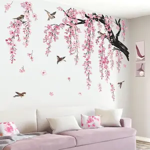 4 Sheets of 12x35 inch Large Cherry Blossom Wallpaper Pink Vine & Bird Peel and Stick Wall Decor Flower Wall Murals for Bedroom Tree Wall Stickers for Girls Room