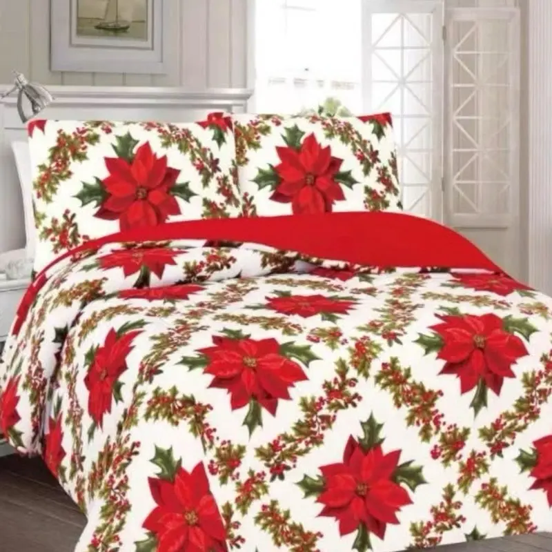 Poinsettia Christmas Bedspread with Red Poinsettia Flowers and Green Leaves Festive Holiday Decor