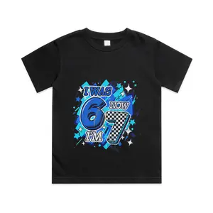 Blue Checkered I was 6 Now I'm 7 Birthday Boy Bday 6 7 Meme Cotton T-shirt, Graphic Print Round Neck Short Sleeve Casual Tee for Boys Girls