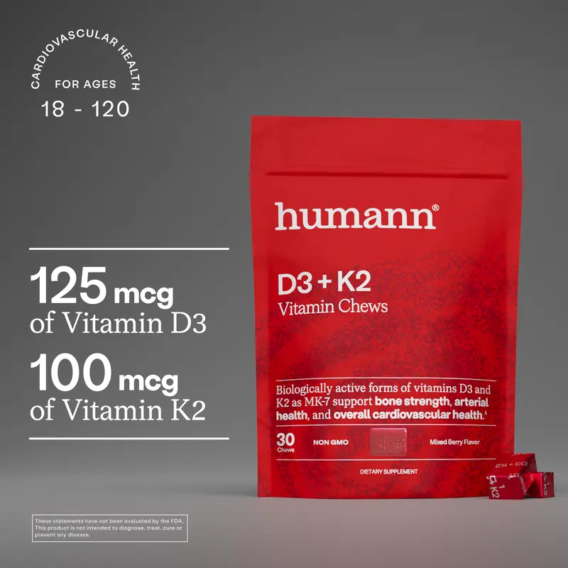 Humann Vitamin D3 Chews - 5000 IU Mixed Berry Flavor, 30 Chews Daily Supplement for Immune, Mood & Bone Health, Non-GMO, Gluten-Free, Natural Dietary Healthcare