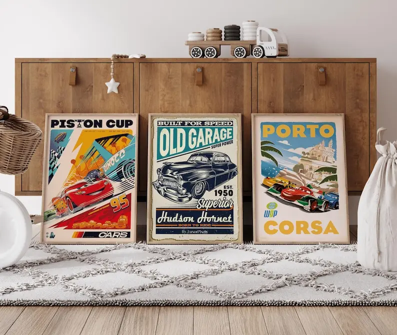 Set of 3 Movie Poster - Cars Poster - Lightning Radiator Springs Poster,