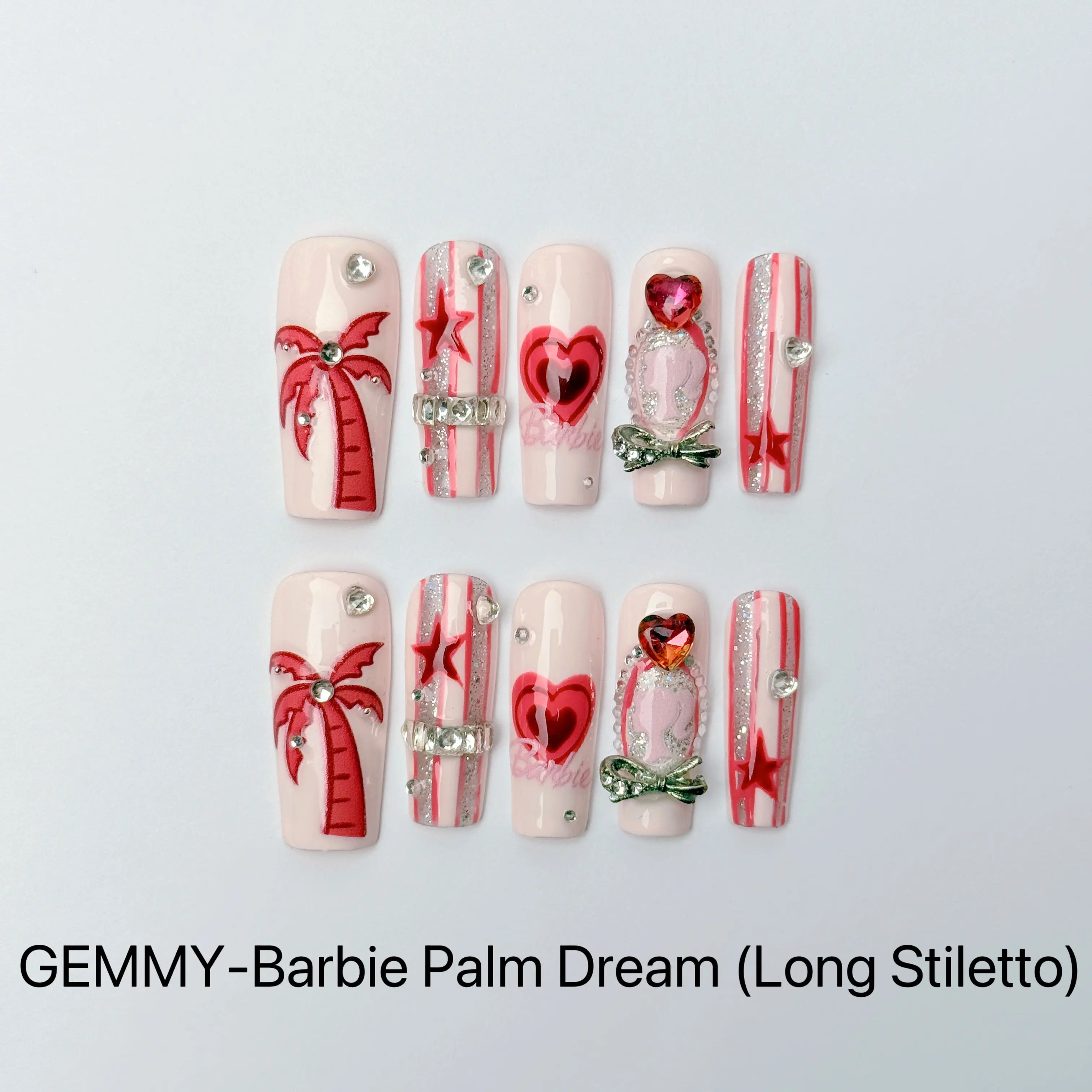 GemmyNail Barbie Palm Dream 100% Handmade 3D Press-On Nails | Reusable, Long-Lasting, Salon-Quality