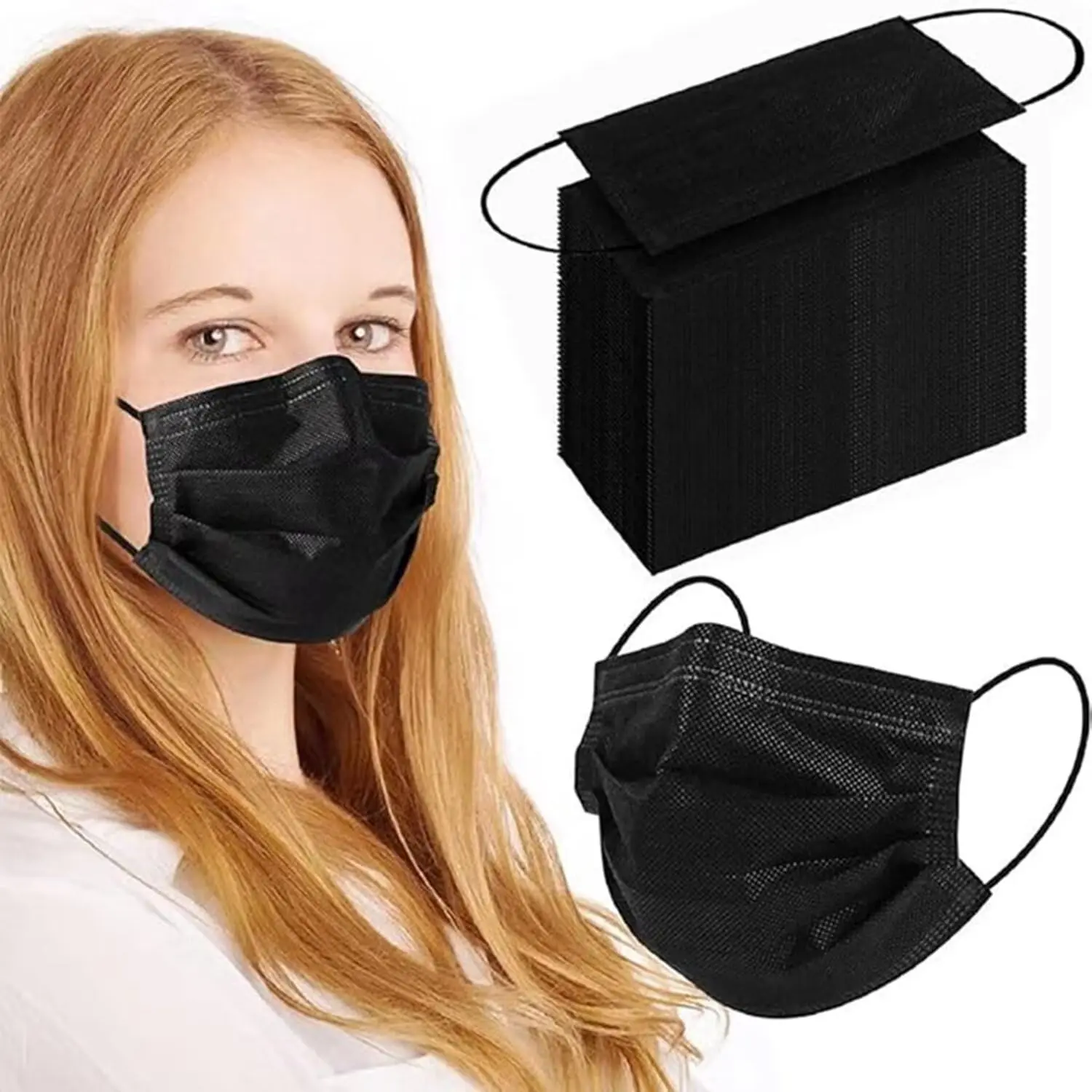 100Pcs Black Disposable Face Mask 3 Ply Non-Woven Fabric with Soft Elastic Earloops for Adults Daily Protection