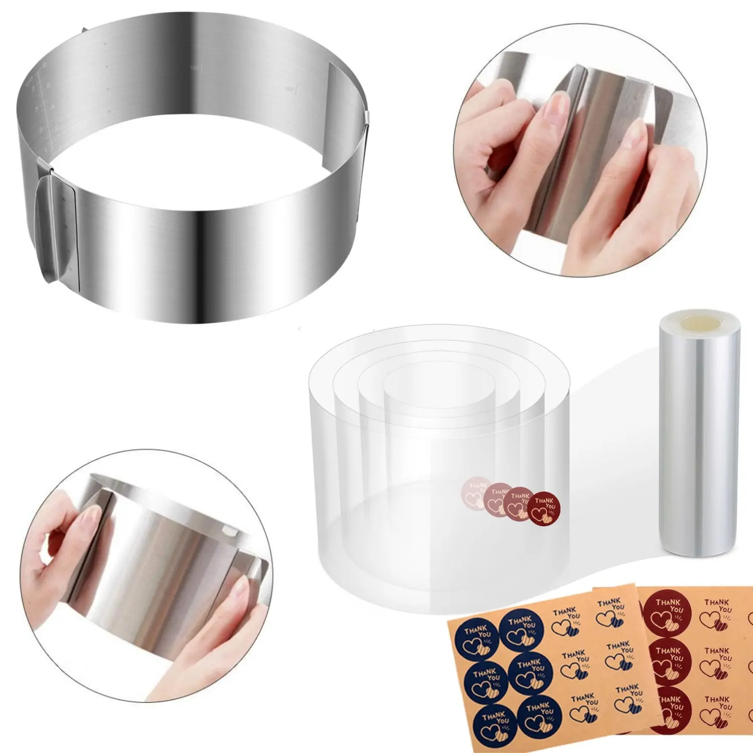 Durable Stainless Steel Adjustable Cake Ring Bakeware (6.5-12 Inches) for Beginners, with 4.7x394 Inch Acetate Strips Rolls & Collars for Cake Decorating Mousse Baking
