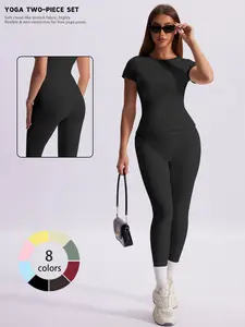 Women's Outdoor Sport Running Two-Piece Set, Solid Color Short Sleeve Top and High Waist Slim Fit Pants, All Seasons Gym Wear
