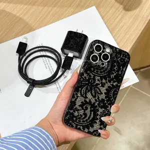6 Piece Set Transparent Lace Design Phone Case, Charger Head Cover, Cable Protector, Storage Rope, Data Line Protection, Fits iPhone 6-17 Pro Max