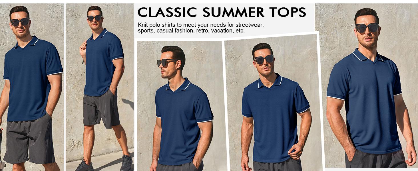 Runcati Mens Knit Polo Shirts Short Sleeve Classic Golf T Shirts Casual Vintage Old Money Tops