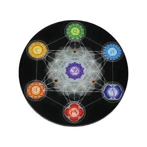 Woody Black Wood Finish Large Round Incense Holder - 4-in, 7 Chakra Metal Inlay, Metatron's Cube Carving, Cone & Stick Compatible, Aroma Cones Incense Holder for Home Fragrance Altar Decor, Cones Incense Holders