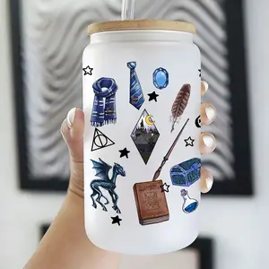 Magic Academy Ravenclaw House Eagle Crest 16oz Glass Can Cup with Lid and Straw, Reusable Glass Drinking Cup, High-Quality Jar for Iced Coffee, Hot Chocolate, Stylish Fashionable Glassware, Wizardry Themed Drinkware, Perfect Gift for Magic Academy Fans
