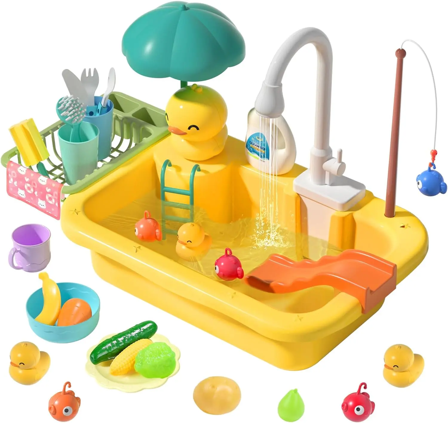 CUTE STONE Play Sink with Running Water, Kitchen Sink Toys with Play Food and Kitchen Utensils, Pool Floating Toys for Fishing Game, Play Kitchen Set, Kitchen Pretend Play Set