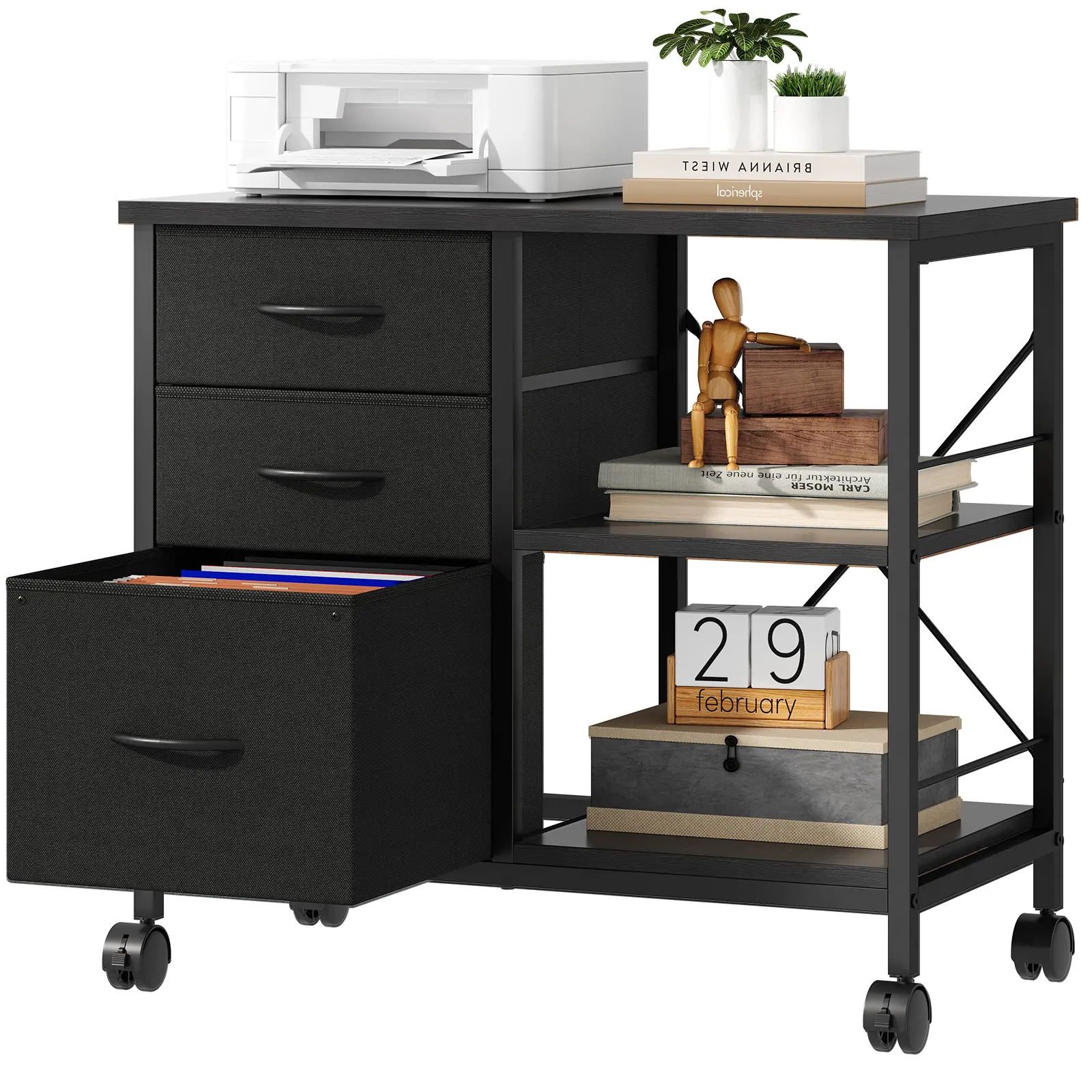 3-Tier Mobile File Cabinet, Printer Stand with Storage, Office Table with Drawers and Back Support Bar, Holds 110lb for Home Office