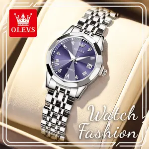 Premium OLEVS Polished Silver Steel Dress Watch for Women, Faceted Bezel Vibrant Purple Dial with Rhinestone Mark, Date Luminous Waterproof Daily Office Accessory Quartz Wristwatch