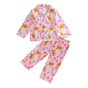Toddler Kids Girl Christmas Pajamas Baby Gingerbread Candy Cane Sleepwear Silk Pjs Button Down Shirt Pants Set