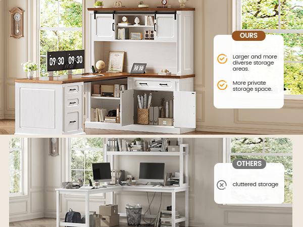 SEDETA 67" Farmhouse L Shaped Desk with Hutch, Executive Home Office Desks with 4 Drawers & Storage Cabinet, Corner Computer Desk with Sliding Doors, File Drawer & Power Outlet