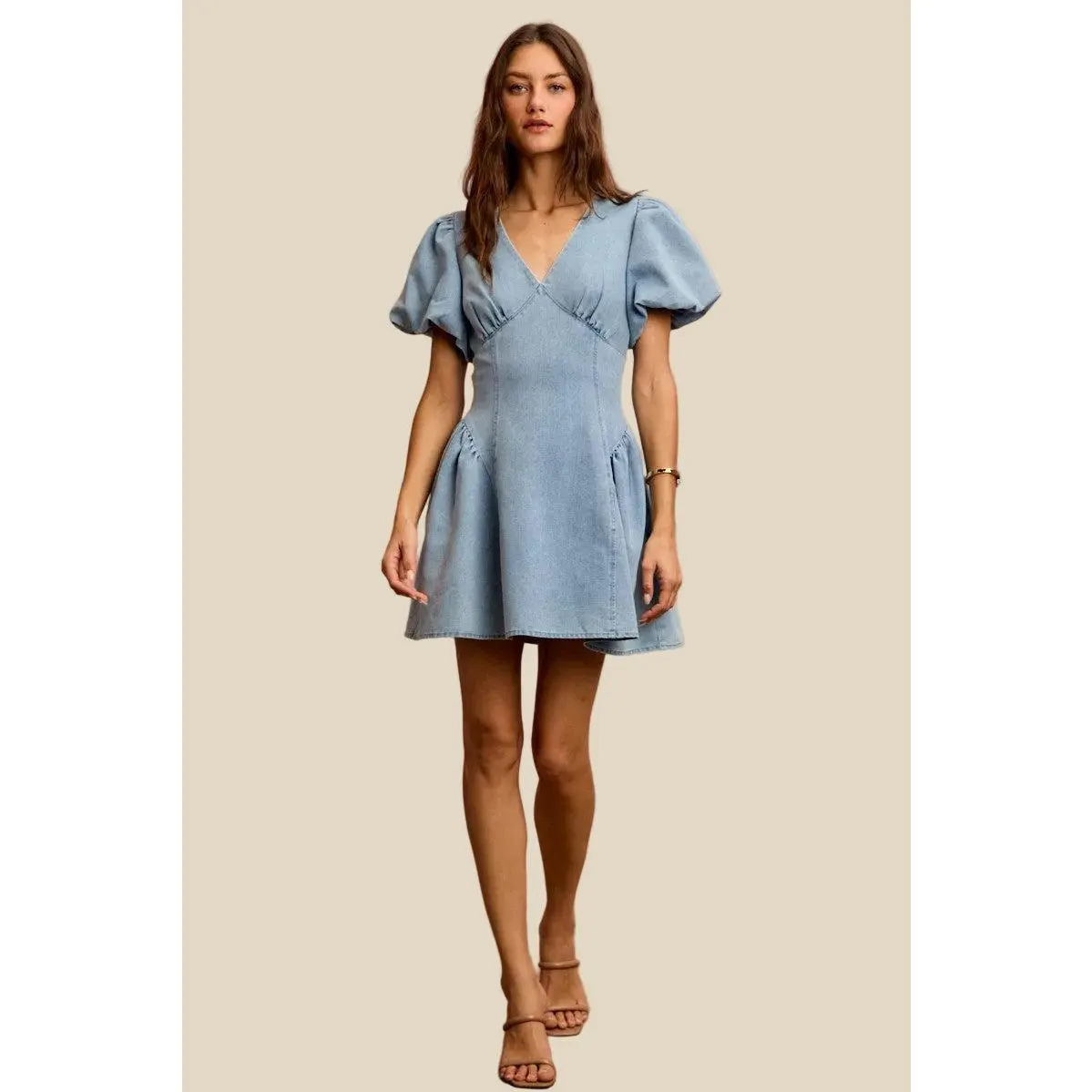 denim flare dress with sleeves Bubble Sleeves Denim Fit And Flare Mini Dress main image 1
