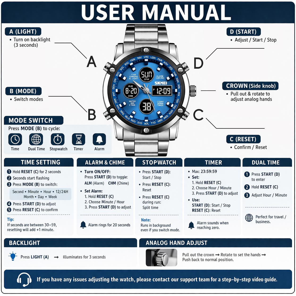 SKMEI Fashion Multi functional Sports Men's Watch, 48Mm Metal Case with 3 Time Zone Night Light 30M Waterproof Stainless Steel Strap, Dual Time Display, Timer, Calendar, Alarm Clock Function Watch Wristwatch