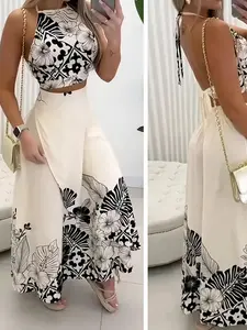 Women's Summer Leaf Print Casual Set, Slim-Fitting Top & Skirt Two-Piece, Perfect for Travel & Daily Wear