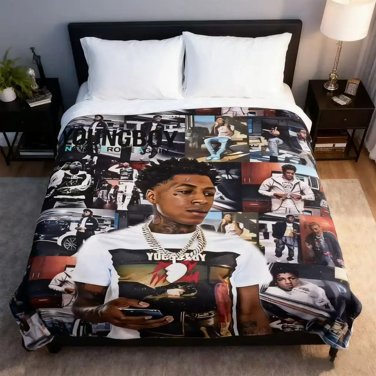 YoungBoy Never Broke Again Blanket, Portrait Flannel Bed Throw for Bedroom and Car, Rap Music Wall Style Decor for Teen Rooms, Soft Couch Nap Cover, Birthday or Christmas Present for YoungBoy Collectors and Rap Fans, Hip Hop Plush Bedding