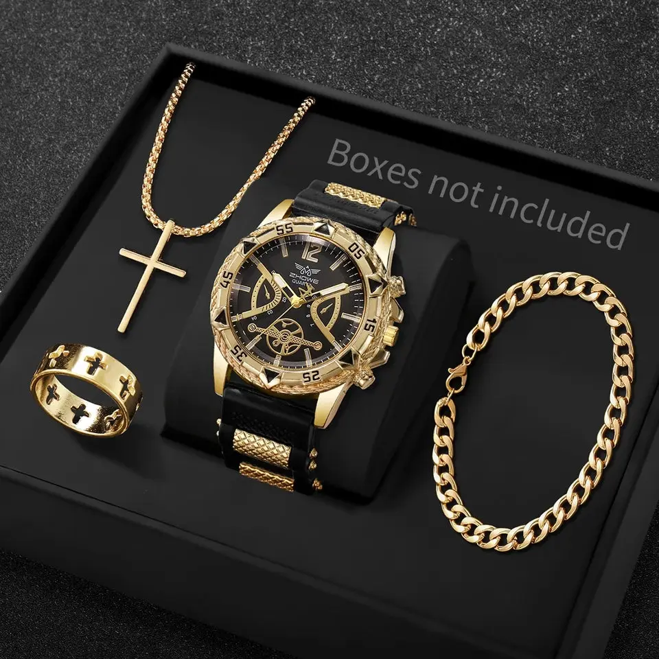 4-Piece Men's Business Quartz Watch Gift Set – Arabic Dial, Silicone Strap & Matching Necklace (No Gift Box)