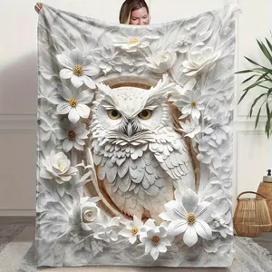 Fluffy Boho Blanket - 2D Flat White Owl Relief Print, Soft Fantasy Animal & Art Graphic Throw, All Season King/Queen Bedding, Sofa/Camping Winter Warmth, Birthday Gift for Comfy Naps, Fluffy Blankets, Boho Blankets