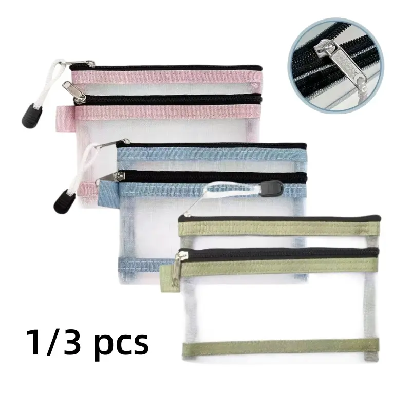 [Back to School]1/3 Pack Dual Layer Mesh Zipper Travel Document Pouch with 2 Lanyard Chains, Polyester Wear-Resistant Lightweight Storage Bag for Passport Card Cash Travel Accessories-MM1