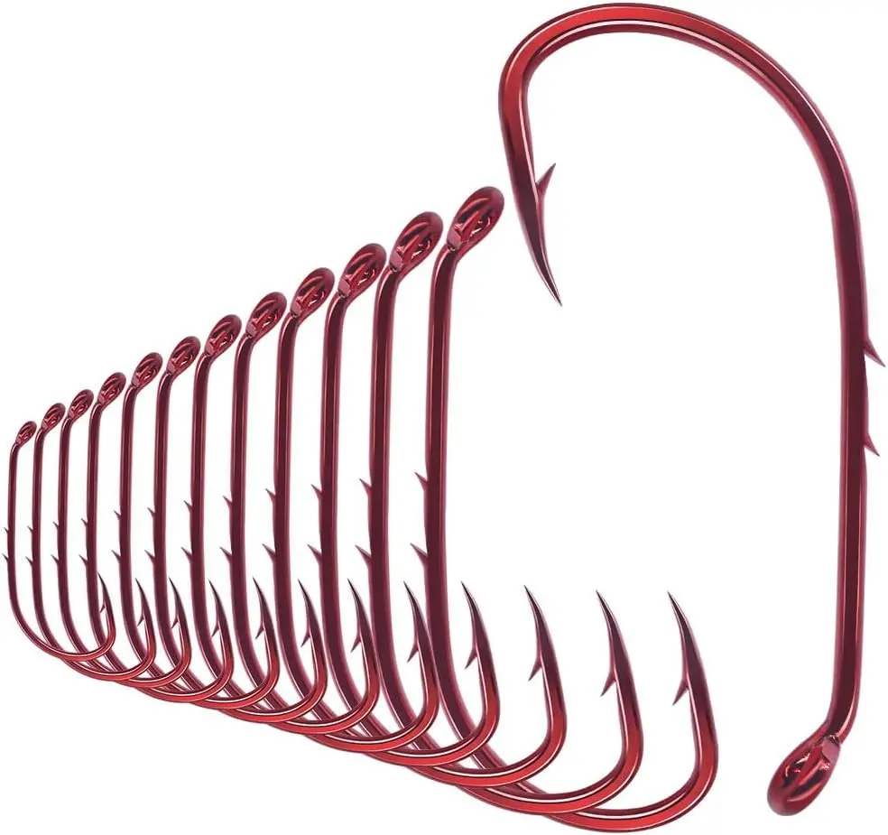 Fishing Hooks 100 Pack Double-Barbed Long Shank for Bluegill Bass Trout Walleye Black/Red 8/0-#8
