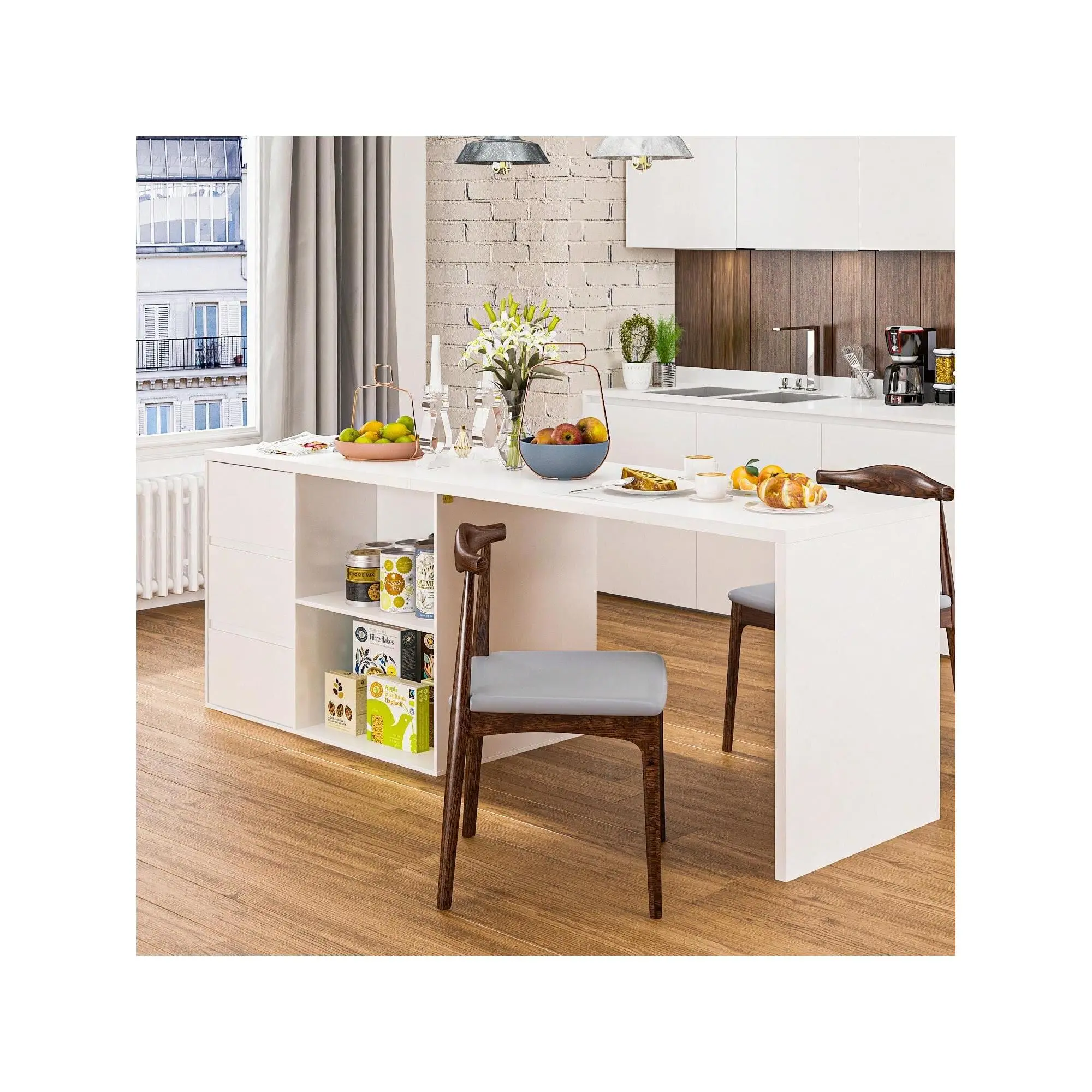 82.7" Kitchen Island with Storage, Wood Kitchen Prep Table Stationery Storage Cabinet with 3 Drawers, Open Shelves & 2 Cabinets for Dining Room, White