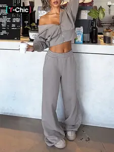 Women Cropped Hoodie Pants 2 Piece Set Fall Winter Street Wear Outfit Daily Casual Tracksuit Sweatsuit Sets