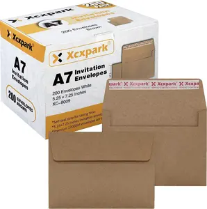 200 Qty Printable A7 Invitation Envelopes - 5.25 x 7.25 inches - Self Seal - 120GSM Brown Kraft Paper Envelopes for Invitations, Papers, Photos, Documents, Weddings, Baby Showers - Easy to Seal