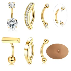 Florideco 6pcs 14G Belly Button Rings For Women Surgical Steel Belly Rings Clicker CZ Navel Rings Simple Small Belly Ring Body Jewelry 10mm 12mm Curved Barbell