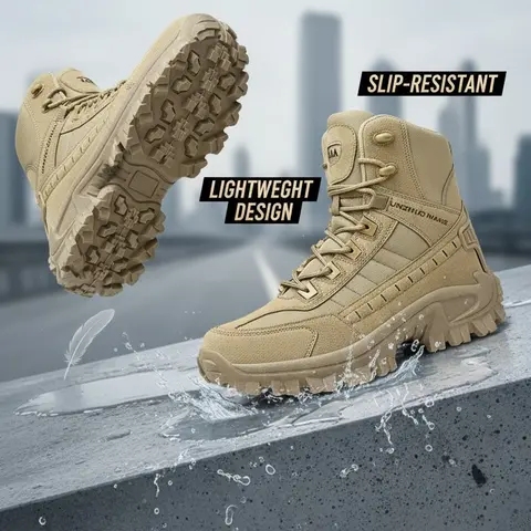 High Top Combat Boots Army Style Durable Vegan Leather Mens Outdoor Hiking Work Shoes with Slip-Resistant Lightweight Design Side Zipper for Easy Wear Breathable Mesh Lining Trendy Utility Boots for Everyday Adventure
