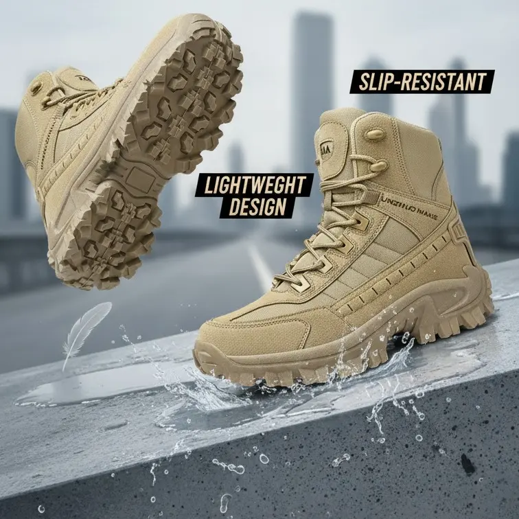 High Top Combat Boots Army Style Durable Vegan Leather Mens Outdoor Hiking Work Shoes with Slip-Resistant Lightweight Design Side Zipper for Easy Wear Breathable Mesh Lining Trendy Utility Boots for Everyday Adventure