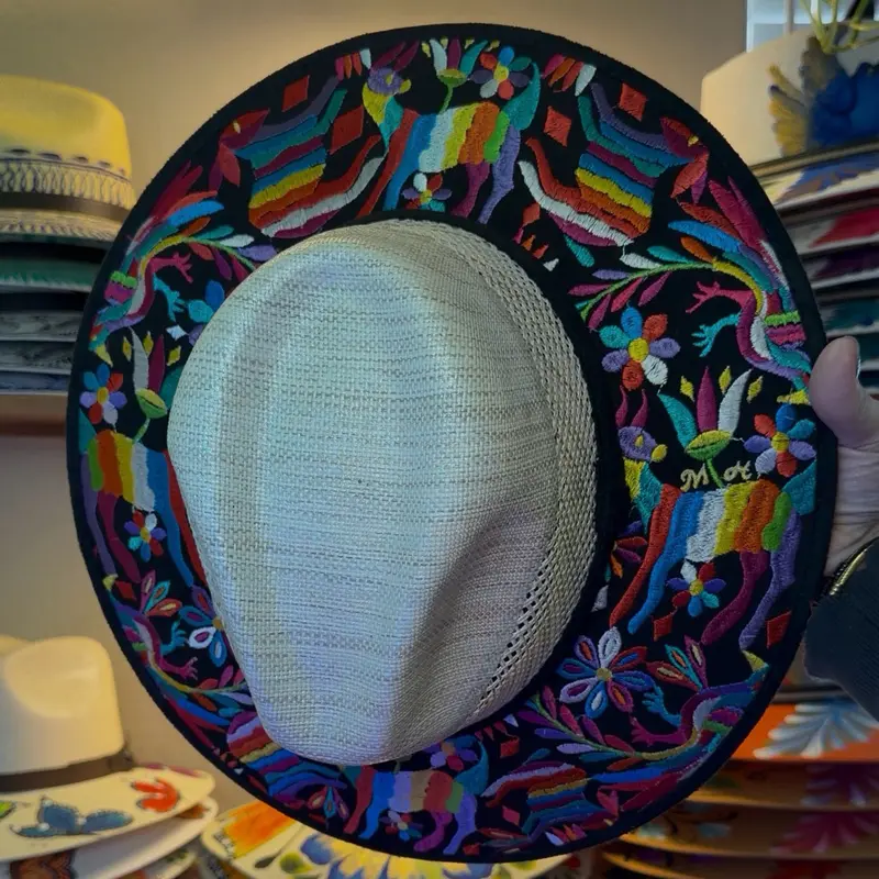 Mexican Embroidered Wide Brim Hat – Multicolor Animal & Floral Folk Art Design