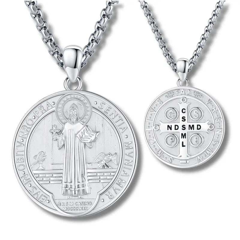 DRINSPER 925 Silver Engraved Cross Design Necklace - Saint Benedict Protection, Latin Inscription, CSSML/NDSMD Prayer Abbreviations, Modern Medallion Chain, Casual Daily Wear, Statement Religious Gift, Faith & Western Pendant Necklace