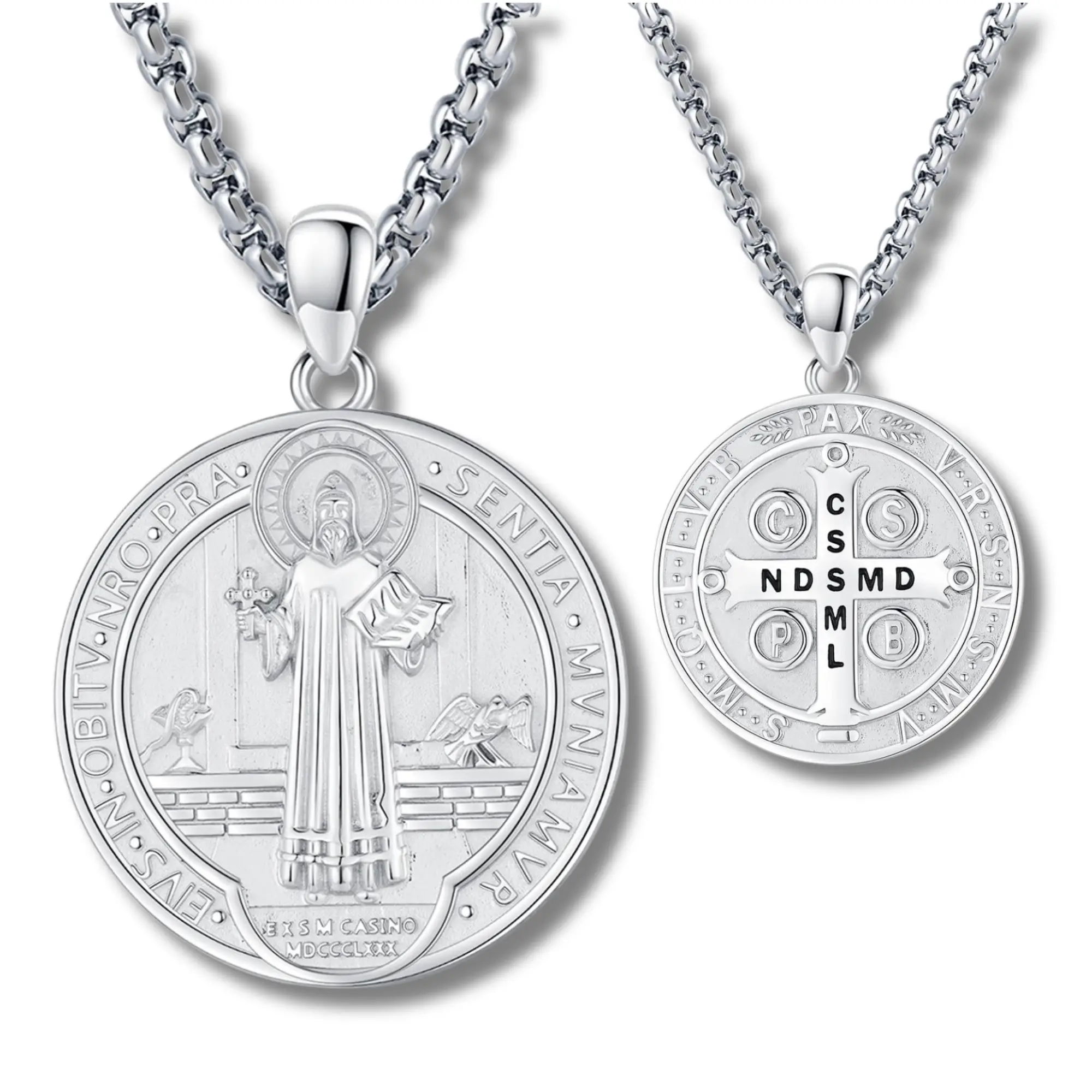 DRINSPER Collar de Plata 925 de San Benito, Saint Benedict Protection Necklace, Latin Inscription in Cross with Religious Symbolism, Prayer Abbreviati