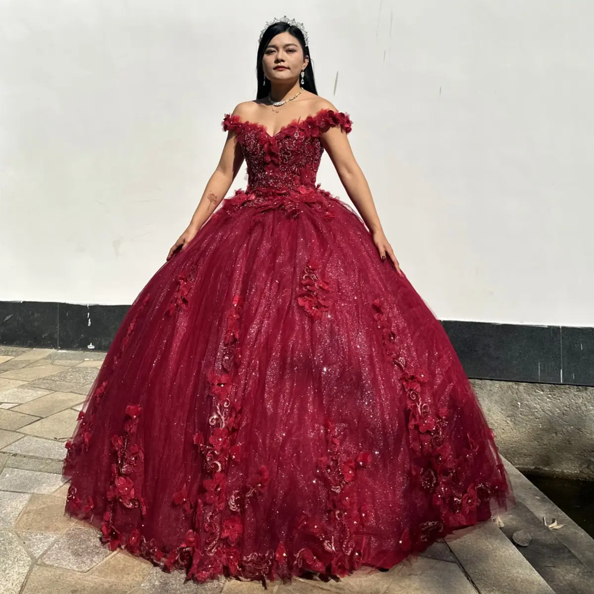 Elegant Burgundy Quinceañera Dress Off-the-Shoulder Tulle Ball Gown with 3D Floral Embroidery and Sequins for Formal Parties, Wedding Dress, Charro Quince Dress