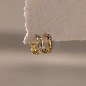 Half Pave Huggies by Caitlyn Minimalist - Dainty Gold & Silver Diamond Hoop Earrings - Minimalist Everyday Stacking Earrings - Mixed Metal Jewelry - Birthday Gift for Her